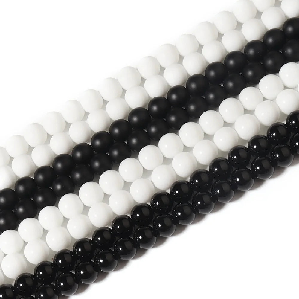 Natural White Black Stone Smooth Matte Agates Onyx Round Crystal Glass Beads for Jewelry Making 4/6/8/10/12mm DIY Bracelet 15''