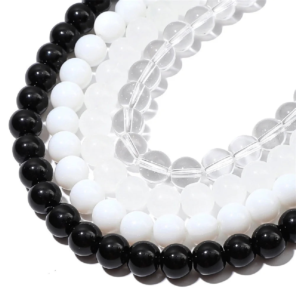 Natural White Black Stone Smooth Matte Agates Onyx Round Crystal Glass Beads for Jewelry Making 4/6/8/10/12mm DIY Bracelet 15''